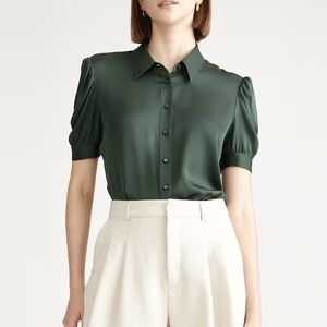 Quince Women Washable Stretch Silk Puff Sleeve Blouse Forest Green L